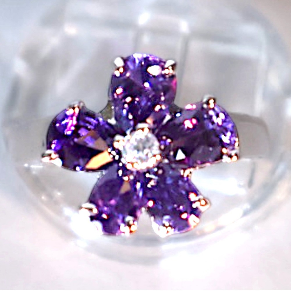 Swarovski Crystal Flower Ring Purple Sterling Silver Overlay Size 8 NEW Floral